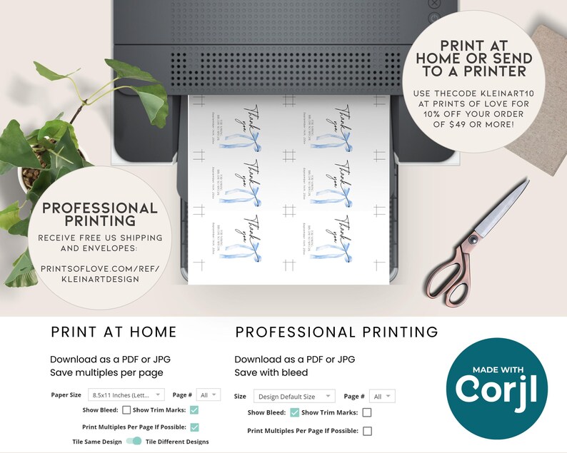 Pode incluir: Cart&otilde;es de agradecimento imprim&iacute;veis com um design de fita azul. Os cart&otilde;es s&atilde;o mostrados em uma impressora com op&ccedil;&otilde;es para imprimir em casa ou profissionalmente. O texto "Imprima em casa ou envie para uma impressora" e "Impress&atilde;o profissional" &eacute; vis&iacute;vel na imagem.