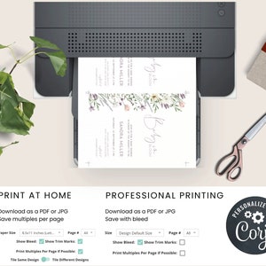 May include: A printable baby shower invitation template with a floral design. The invitation features the text "Baby is Bloom" and includes options for printing at home or with a professional printer. The invitation is customizable with the Corjl platform.