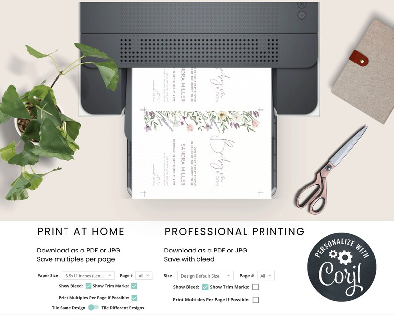May include: A printable baby shower invitation template with a floral design. The invitation features the text "Baby is Bloom" and includes options for printing at home or with a professional printer. The invitation is customizable with the Corjl platform.