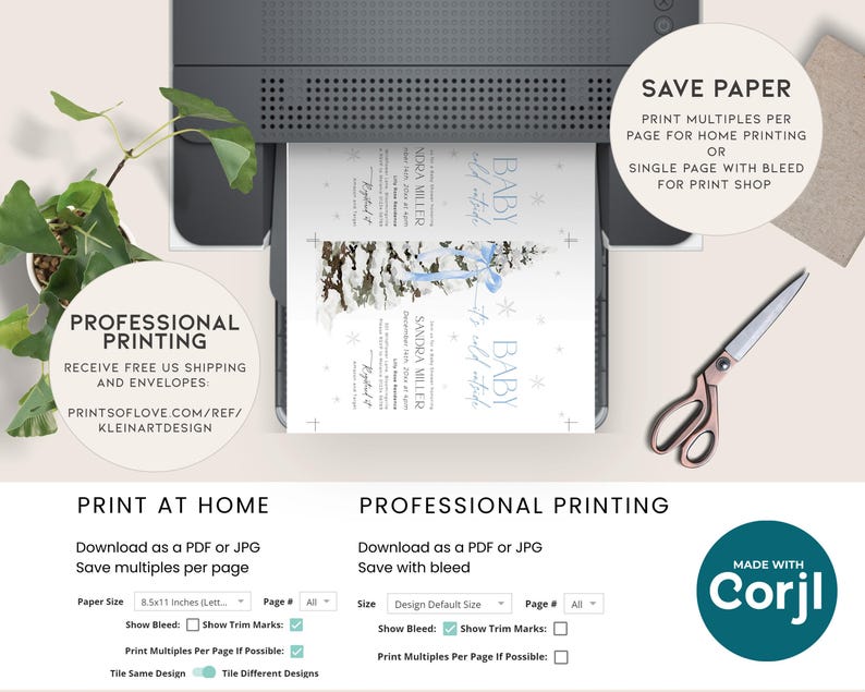 May include: A digital mockup of a baby shower invitation with a winter theme. The invitation features a blue and white color scheme with a watercolor illustration of a snowy forest and a baby carriage. The text on the invitation reads "Baby it's cold outside". The invitation is being printed on a printer with a white background.