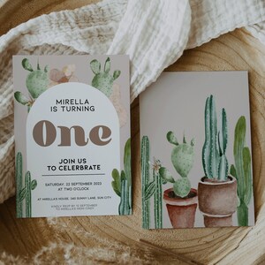 May include: A cactus-themed first birthday party invitation with a watercolor illustration of cacti in pots. The invitation reads "Mirella is turning one" and includes details about the party date, time, and location.