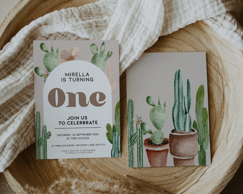 May include: A cactus-themed first birthday party invitation with a watercolor illustration of cacti in pots. The invitation reads "Mirella is turning one" and includes details about the party date, time, and location.