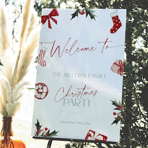 May include: A white Christmas party sign with red text and illustrations. The sign reads "Welcome to The Miller's Family Christmas Party" with decorative elements including stockings, bows, and gifts. The date "December 18th, 20xx" is also displayed.