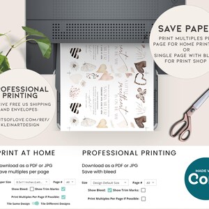 May include: A digital printable wedding invitation template with a watercolor background featuring butterflies, hearts, and floral elements. The text reads "A little sweetheart is on the way" and includes the date "February 12, 2023". The image shows options for printing at home or professionally, with instructions for saving paper and using bleed.