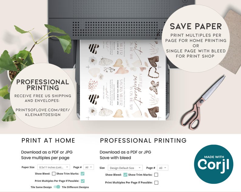 May include: A digital printable wedding invitation template with a watercolor background featuring butterflies, hearts, and floral elements. The text reads "A little sweetheart is on the way" and includes the date "February 12, 2023". The image shows options for printing at home or professionally, with instructions for saving paper and using bleed.