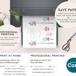 May include: A printable design for a Christmas invitation with a whimsical illustration of ornaments and the text "Snow in Love". The design includes options for printing at home or professionally, with instructions for saving paper and using bleed.