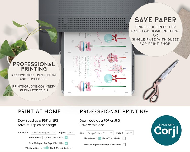 May include: A printable design for a Christmas invitation with a whimsical illustration of ornaments and the text "Snow in Love". The design includes options for printing at home or professionally, with instructions for saving paper and using bleed.