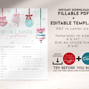 Pink Ornament Secret Sister Survey, Christmas Bow Santa Party Gift Exchange Sheet, Holiday Wish List Form, Favorite Thing Questionnaire CH79 image 2