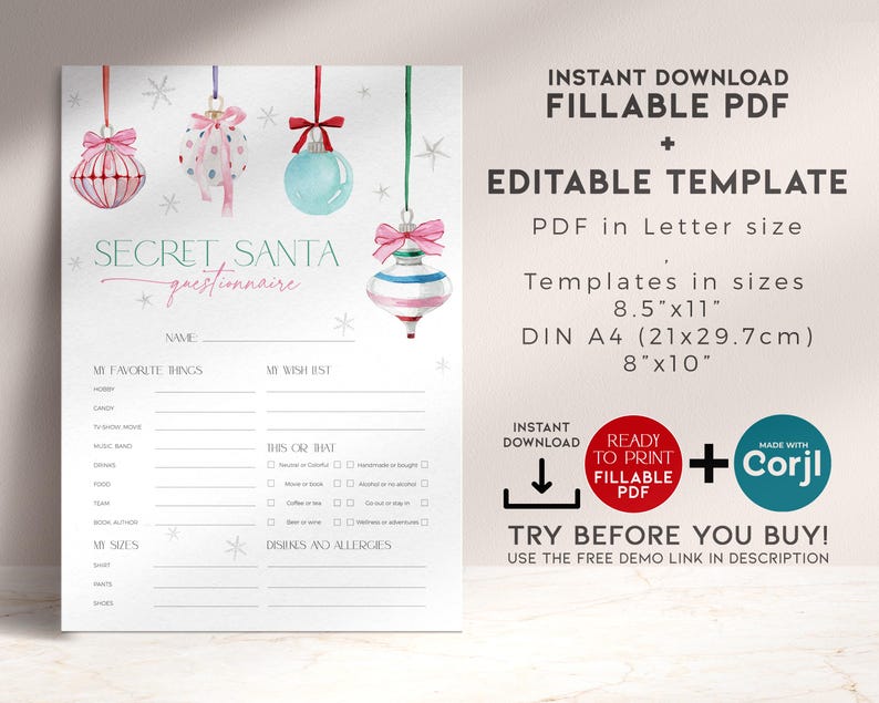 Pink Ornament Secret Sister Survey, Christmas Bow Santa Party Gift Exchange Sheet, Holiday Wish List Form, Favorite Thing Questionnaire CH79 image 2