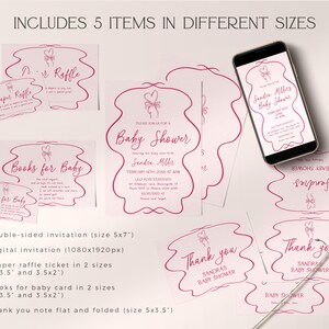 May include: A baby shower stationery set in pink and white. The set includes invitations, diaper raffle tickets, books for baby cards, and thank you notes. A smartphone displays a digital invitation. The text includes the phrase "Baby Shower".