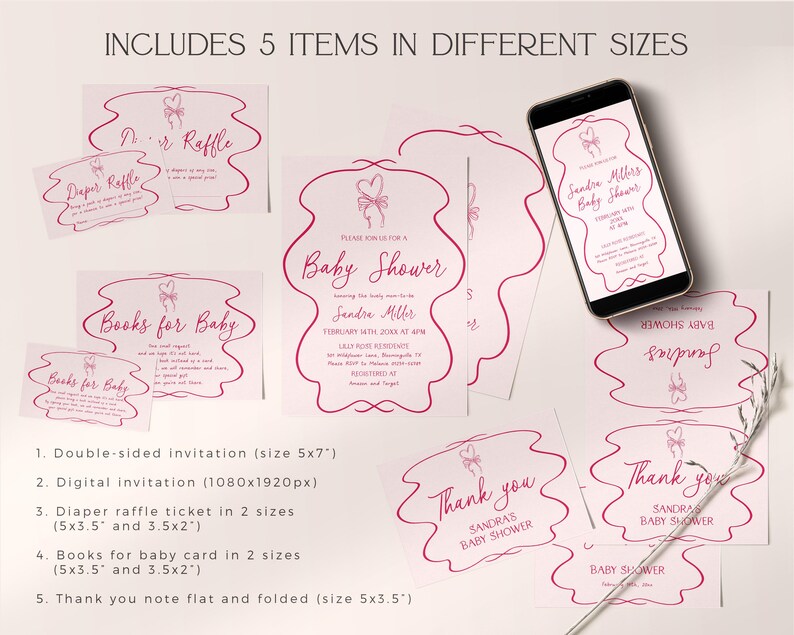 May include: A baby shower stationery set in pink and white. The set includes invitations, diaper raffle tickets, books for baby cards, and thank you notes. A smartphone displays a digital invitation. The text includes the phrase "Baby Shower".