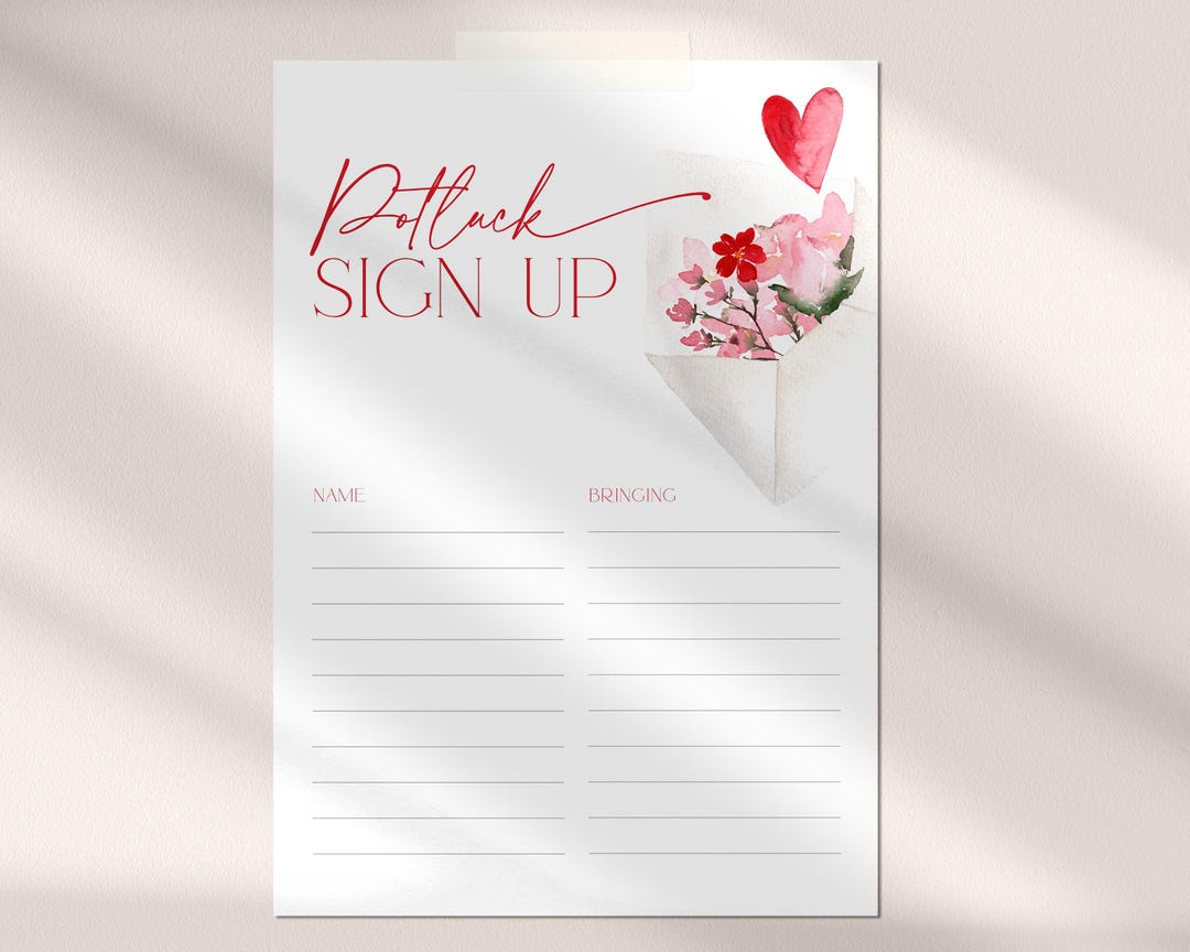 Valentine Potluck Sign up Sheet Template Heart, Printable Girl Night ...