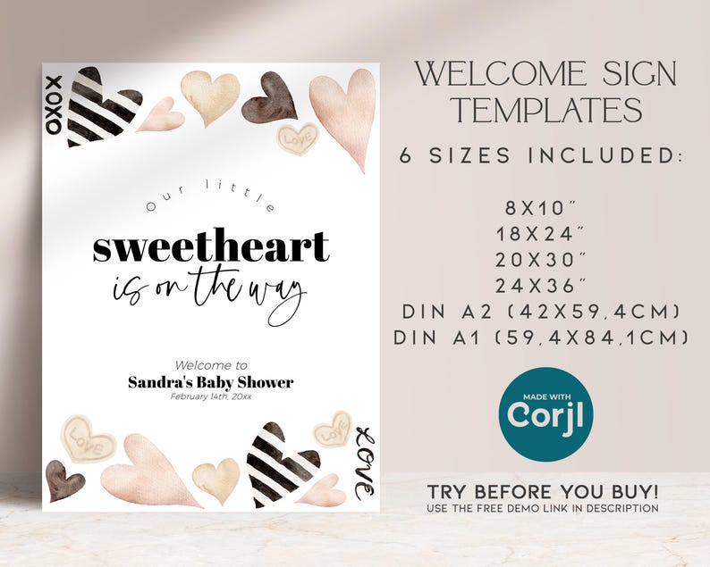 K&ouml;nnte beinhalten: Druckbare Willkommens-Schildvorlage f&uuml;r eine Babyparty. Das Schild zeigt ein Aquarelldesign mit Herzen in den Farben Rosa, Braun und Schwarz. Der Text lautet "Unser kleiner Liebling ist unterwegs" und enth&auml;lt den Namen "Sandras Babyparty" und das Datum "14. Februar 20xx". Das Schild ist in sechs Gr&ouml;&szlig;en erh&auml;ltlich, darunter 8x10 Zoll, 18x24 Zoll, 20x30 Zoll, 24x36 Zoll, DIN A2 (42x59,4 cm) und DIN A1 (59,4x84,1 cm).