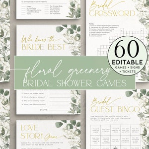 Editable Bridal Shower Games Templates with floral greenery and modern script font