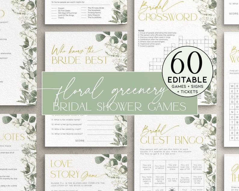 Editable Bridal Shower Games Templates with floral greenery and modern script font