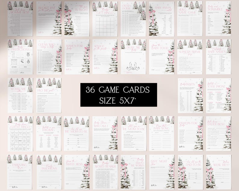 May include: Thirty-six printable baby shower game cards featuring a winter wonderland theme with pink and white accents. The cards are 5x7 inches and feature a variety of games, including "Guess the Baby Food", "Who Knows Mommy Best", and "Baby Word Scramble".