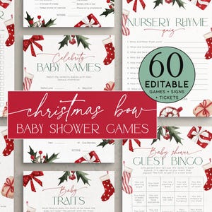 Christmas Stockings and Bows Baby Shower Games Bundle PRINTABLE, Editable Winter Wonderland Ribbon Activity Pack, Merry Little Sprinkle CH47 image 1