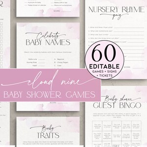 Cloud Nine Baby Shower Game Bundle PRINTABLE, Activity Pack Blush Pink Cloud 9, He or She, Nursery Rhyme Song, About Parents, Bingo, BB37