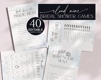 Shes On Cloud Nine Bridal Shower Games Bundle, Editable Hen Party Pack, Dusty Blue Sky Bachelorette Game, Wedding Activity Printable, BS37