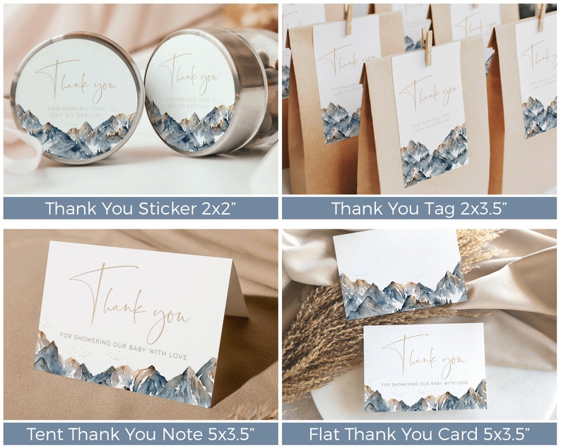 Puede incluir: Conjunto de tarjetas de agradecimiento con un dise&ntilde;o de monta&ntilde;a acuarela en tonos azules y dorados. El conjunto incluye una pegatina, una etiqueta, una tarjeta de tienda y una tarjeta plana. El texto "Gracias" est&aacute; escrito en escritura dorada en cada tarjeta.