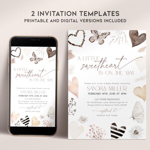 May include: Two printable baby shower invitation templates featuring a watercolor design with butterflies, hearts, and floral elements. The text reads "A little sweetheart is on the way".