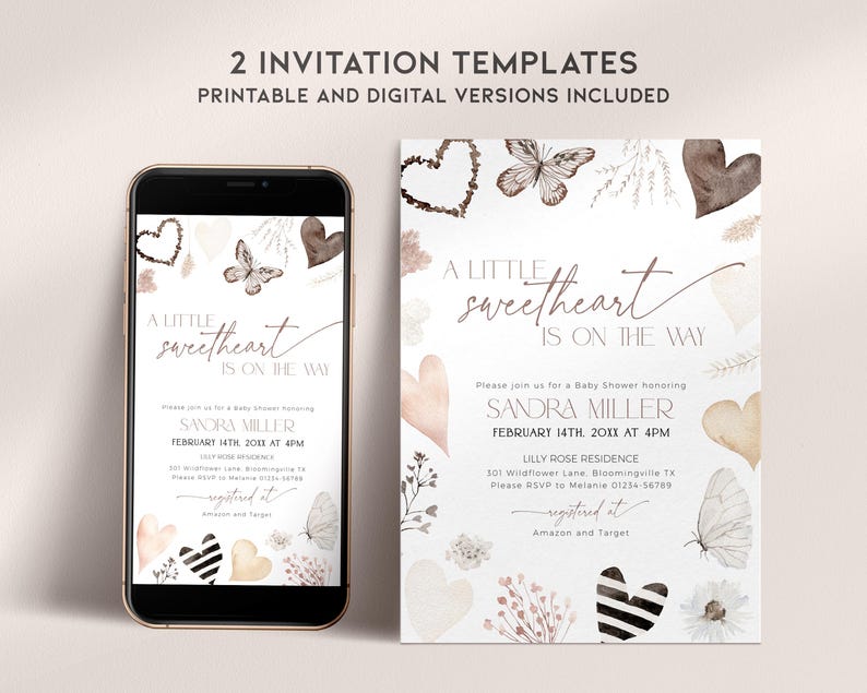 May include: Two printable baby shower invitation templates featuring a watercolor design with butterflies, hearts, and floral elements. The text reads "A little sweetheart is on the way".