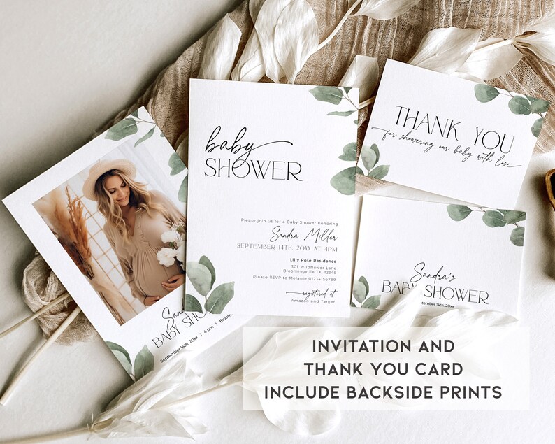 May include: A set of two printable cards for a baby shower. The invitation card features a watercolor illustration of eucalyptus leaves and the text "baby shower". The thank you card features the text "Thank you for showering our baby with love".