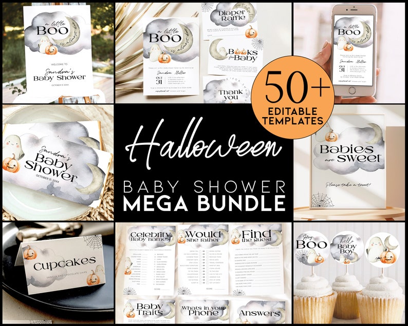 Halloween Baby Shower Bundle "A Little Boo ist Almost Due" with little ghost and pumpkin