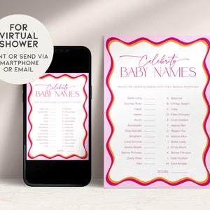 May include: Pink and orange printable baby shower game with the title "Celebrity Baby Names". The game asks players to match celebrity babies with their famous mothers.