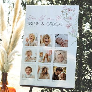 Gioco di quanti anni avevano i fiori selvatici rosa cipria per la festa nuziale, indovina l'età della sposa e dello sposo, cartello fotografico per l'attività di matrimonio Love Bloom, BS90