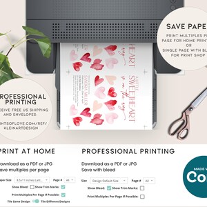 May include: A printable invitation template for a baby shower. The design features a watercolor illustration of pink and red hearts with the text "A Little Sweetheart is on the way". The template includes options for professional printing or printing at home.