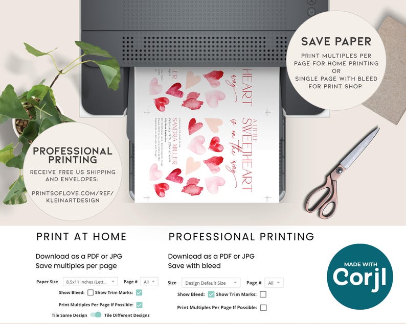 May include: A printable invitation template for a baby shower. The design features a watercolor illustration of pink and red hearts with the text "A Little Sweetheart is on the way". The template includes options for professional printing or printing at home.