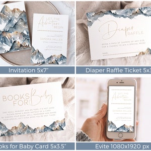 Puede incluir: Un conjunto de invitaciones imprimibles para una fiesta de bienvenida al beb&eacute; con un dise&ntilde;o de cordillera en tonos azules y dorados. El texto de la invitaci&oacute;n dice "Let the Adventure Begin" e incluye el nombre "Sandra Miller".