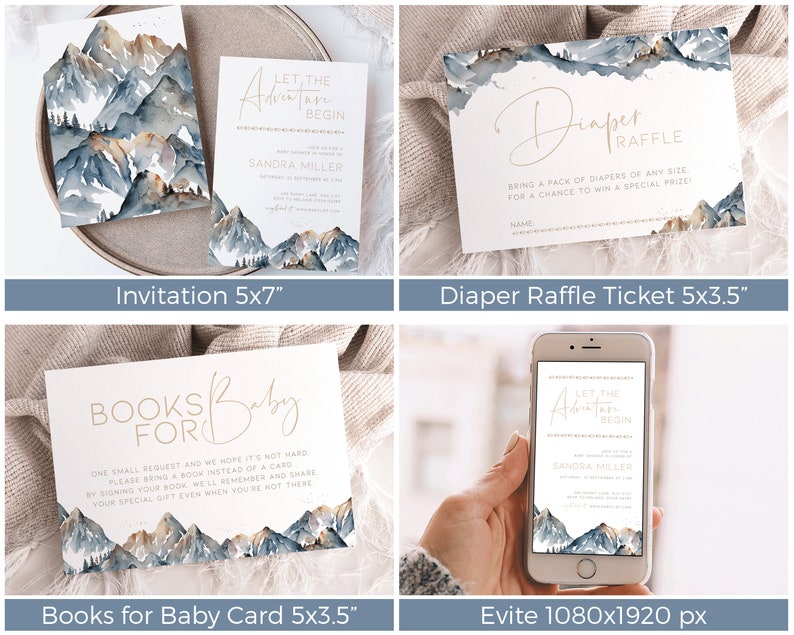 Puede incluir: Un conjunto de invitaciones imprimibles para una fiesta de bienvenida al beb&eacute; con un dise&ntilde;o de cordillera en tonos azules y dorados. El texto de la invitaci&oacute;n dice "Let the Adventure Begin" e incluye el nombre "Sandra Miller".