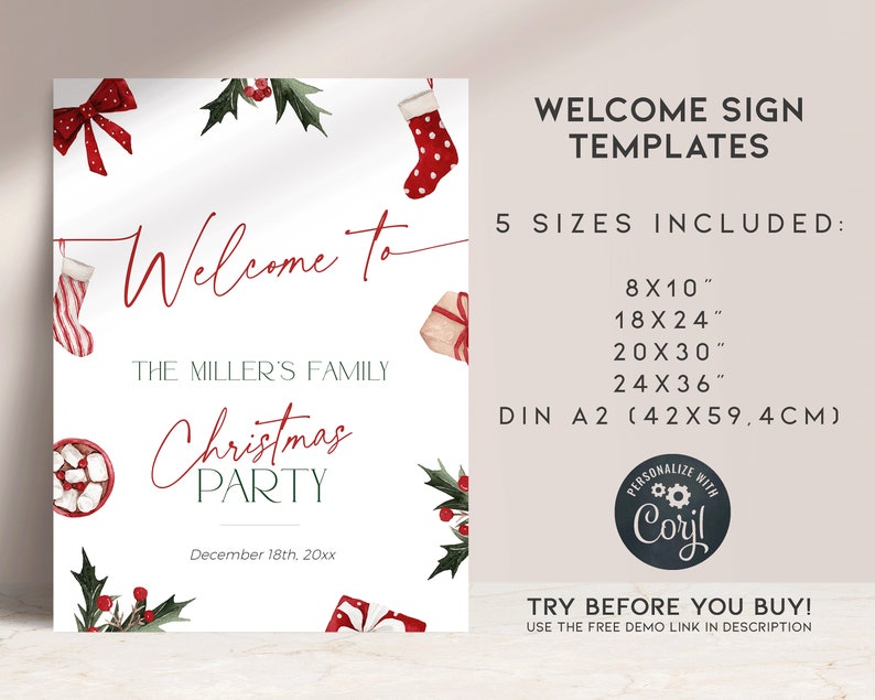 May include: A white Christmas party welcome sign template with red and green accents. The sign includes text that reads "Welcome to The Miller's Family Christmas Party" and includes the date. The sign also lists five size options.