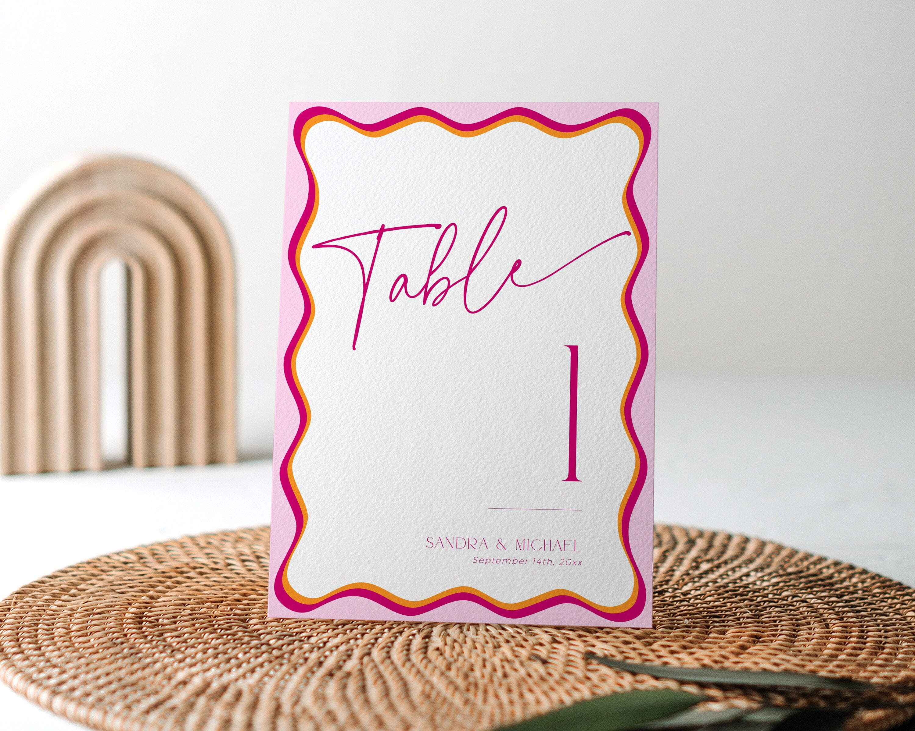 Table Card Seating Template Wavy Border Bachelorette, Pink and Orange ...