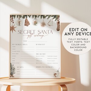 May include: A Secret Santa gift exchange printable sign with a festive design. The sign features a light background with text fields for favorite things, wish lists, and more. Decorative elements include Christmas ornaments and greenery.