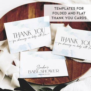 May include: White thank you cards with blue watercolor accents and elegant script. The cards read "THANK YOU for showering our baby with love." One card says "Sandra's BABY SHOWER." The image also includes the text "TEMPLATES FOR FOLDED AND FLAT THANK YOU CARDS."