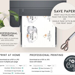 Op de afbeelding: Een digitaal printbaar ontwerp voor een babyshower-uitnodiging. Het ontwerp bevat een aquarel-illustratie van een vos met een bedankbericht. De tekst "Sandra's Baby Shower" is ook inbegrepen. De afbeelding toont een printer met het ontwerp op het papier en een checklist voor het afdrukken thuis of professioneel.
