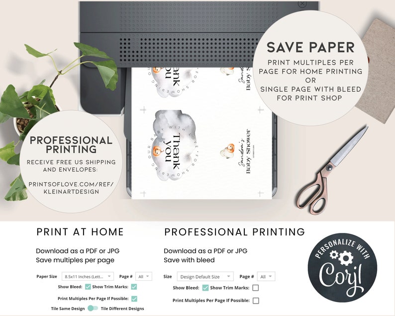 Op de afbeelding: Een digitaal printbaar ontwerp voor een babyshower-uitnodiging. Het ontwerp bevat een aquarel-illustratie van een vos met een bedankbericht. De tekst "Sandra's Baby Shower" is ook inbegrepen. De afbeelding toont een printer met het ontwerp op het papier en een checklist voor het afdrukken thuis of professioneel.