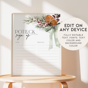 Puede incluir: Una hoja de papel imprimible para registrarse en un potluck con una ilustraci&oacute;n de acuarela de naranjas, hojas y bayas. El texto dice "Potluck sign up" con espacios para nombres y lo que la gente trae. El texto "Edit on any device" tambi&eacute;n est&aacute; incluido.  Texto, fuentes, color del texto y color de fondo totalmente editables.