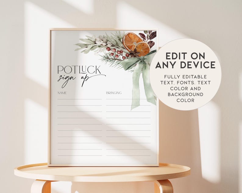 Puede incluir: Una hoja de papel imprimible para registrarse en un potluck con una ilustraci&oacute;n de acuarela de naranjas, hojas y bayas. El texto dice "Potluck sign up" con espacios para nombres y lo que la gente trae. El texto "Edit on any device" tambi&eacute;n est&aacute; incluido.  Texto, fuentes, color del texto y color de fondo totalmente editables.