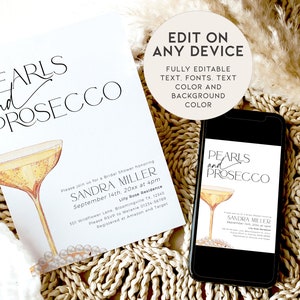 Puede incluir: Una invitaci&oacute;n imprimible para una despedida de soltera con una ilustraci&oacute;n de acuarela de una copa de champ&aacute;n y perlas. La invitaci&oacute;n dice "Pearls and Prosecco" e incluye el nombre de la novia, la fecha, la hora y el lugar. La invitaci&oacute;n es totalmente editable, lo que permite a los usuarios personalizar el texto, las fuentes, los colores y el fondo.