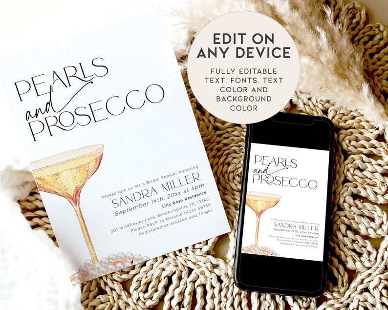 Puede incluir: Una invitaci&oacute;n imprimible para una despedida de soltera con una ilustraci&oacute;n de acuarela de una copa de champ&aacute;n y perlas. La invitaci&oacute;n dice "Pearls and Prosecco" e incluye el nombre de la novia, la fecha, la hora y el lugar. La invitaci&oacute;n es totalmente editable, lo que permite a los usuarios personalizar el texto, las fuentes, los colores y el fondo.
