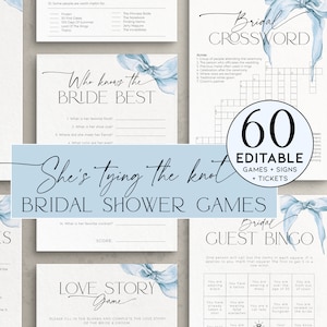 Ella está atando el nudo. PAQUETE de juegos para despedida de soltera, despedida de soltera con lazo azul polvoriento, imprimible para boda Something Blue, escritura moderna, BS59