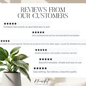 May include: A white background with black text that reads "REVIEWS FROM OUR CUSTOMERS".  Below the text are five-star ratings and customer reviews.  The reviews are positive and highlight the quality of the products and the seller's service.  The text at the bottom reads "Klein Art DESIGN STUDIO".