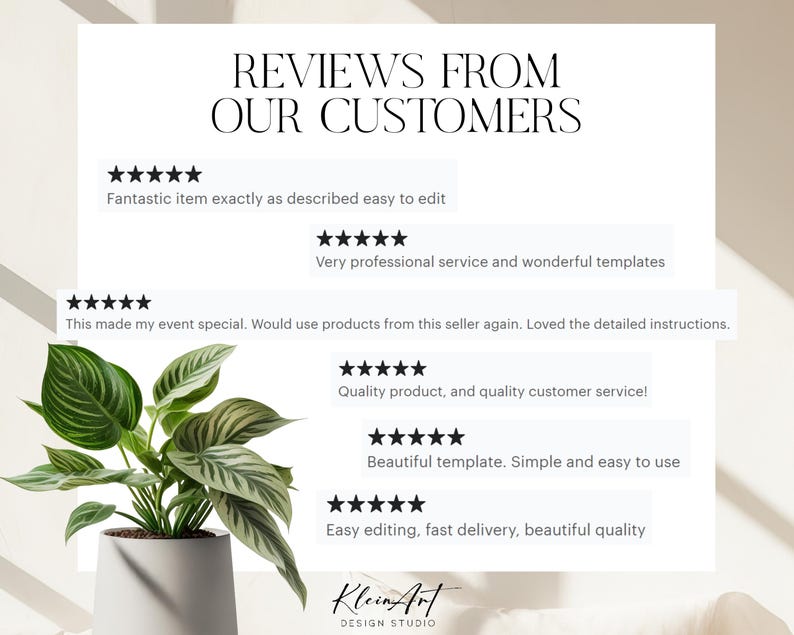 May include: A white background with black text that reads "REVIEWS FROM OUR CUSTOMERS".  Below the text are five-star ratings and customer reviews.  The reviews are positive and highlight the quality of the products and the seller's service.  The text at the bottom reads "Klein Art DESIGN STUDIO".