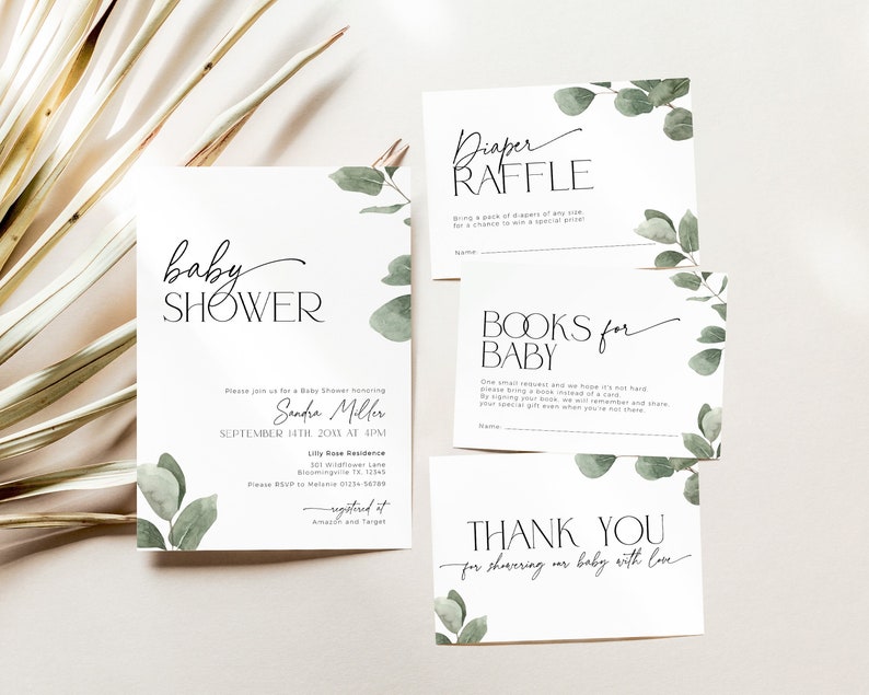 May include: A set of four cards with a green and white floral design. The cards are for a baby shower and include the text "baby shower", "diaper raffle", "books for baby", and "thank you for showering our baby with love".