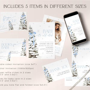 May include: A set of printable baby shower invitations and cards featuring a winter wonderland theme with a blue and white color scheme. The set includes a double-sided invitation, a digital invitation, a diaper raffle ticket, a books for baby card, and a thank you note.