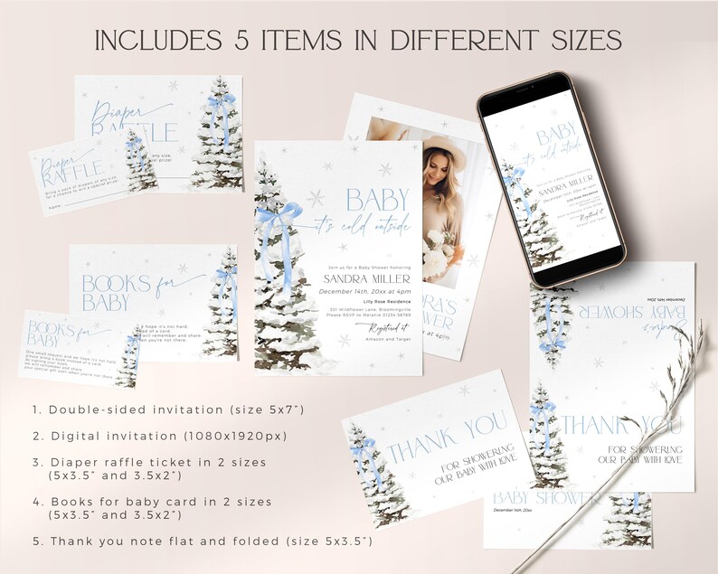 May include: A set of printable baby shower invitations and cards featuring a winter wonderland theme with a blue and white color scheme. The set includes a double-sided invitation, a digital invitation, a diaper raffle ticket, a books for baby card, and a thank you note.